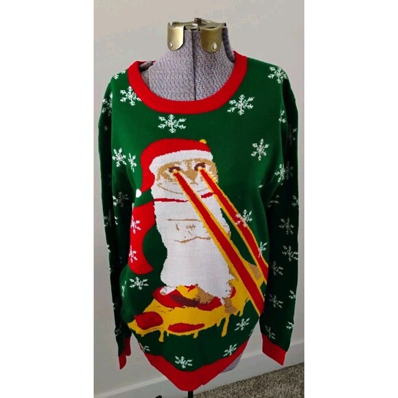 Raisevern Sweaters - Ugly Christmas Sweater Cat Pizza Laser Eye Sz M Humor Holiday Party Unisex